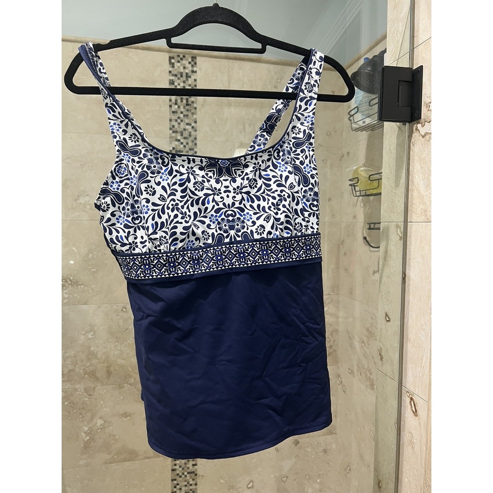 Lands End Tankini Swimwear Tank Swim Top Sz 12 White Batik Blue Underwire